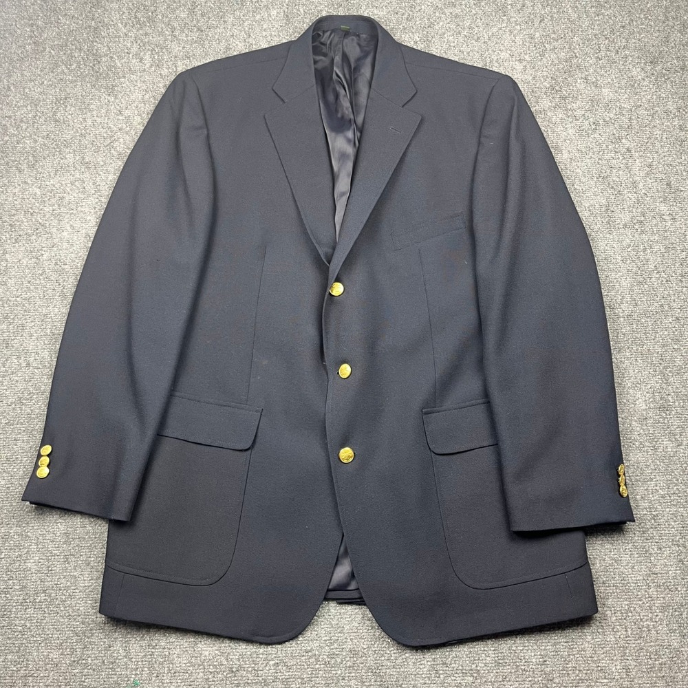VTG Orvis Men Navy Blue 3 Button Blazer Sport Coat Gold Buttons 46L USA